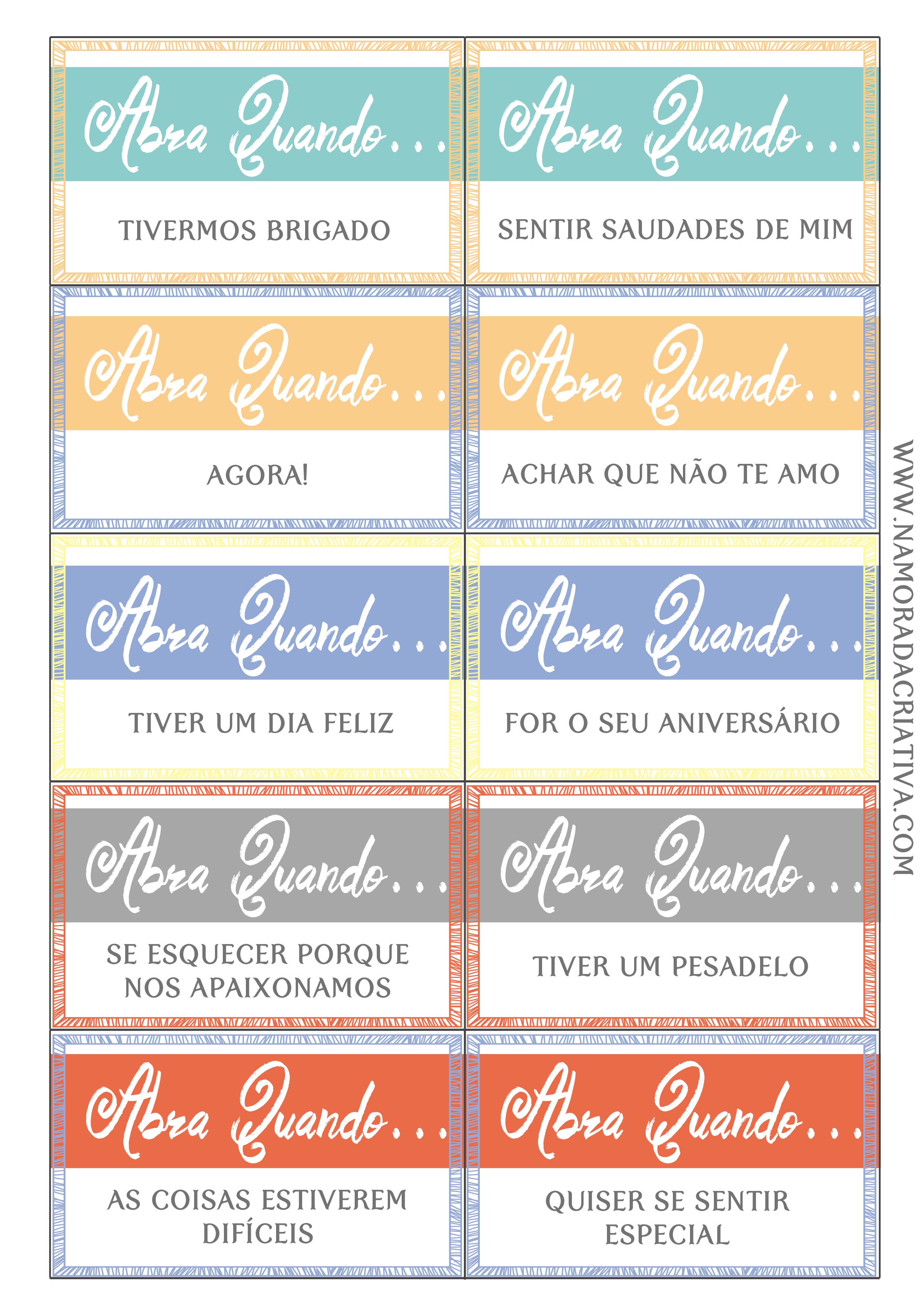 Cartas "Abra Quando" + 30 tags para os envelopes 